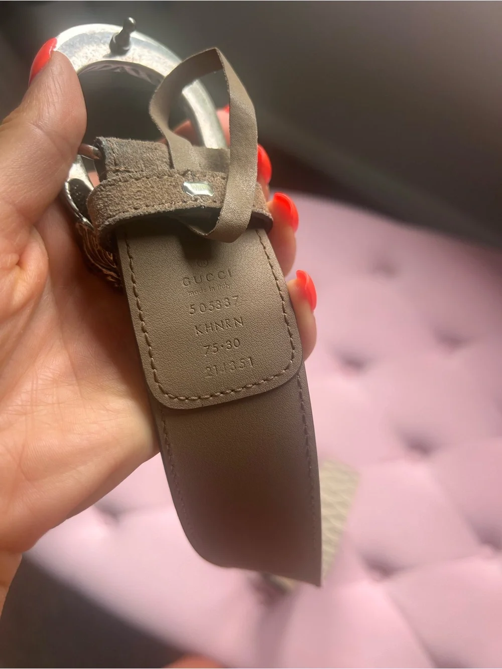 Gucci beige GG canvas belt with tan trim and silver chain buckle